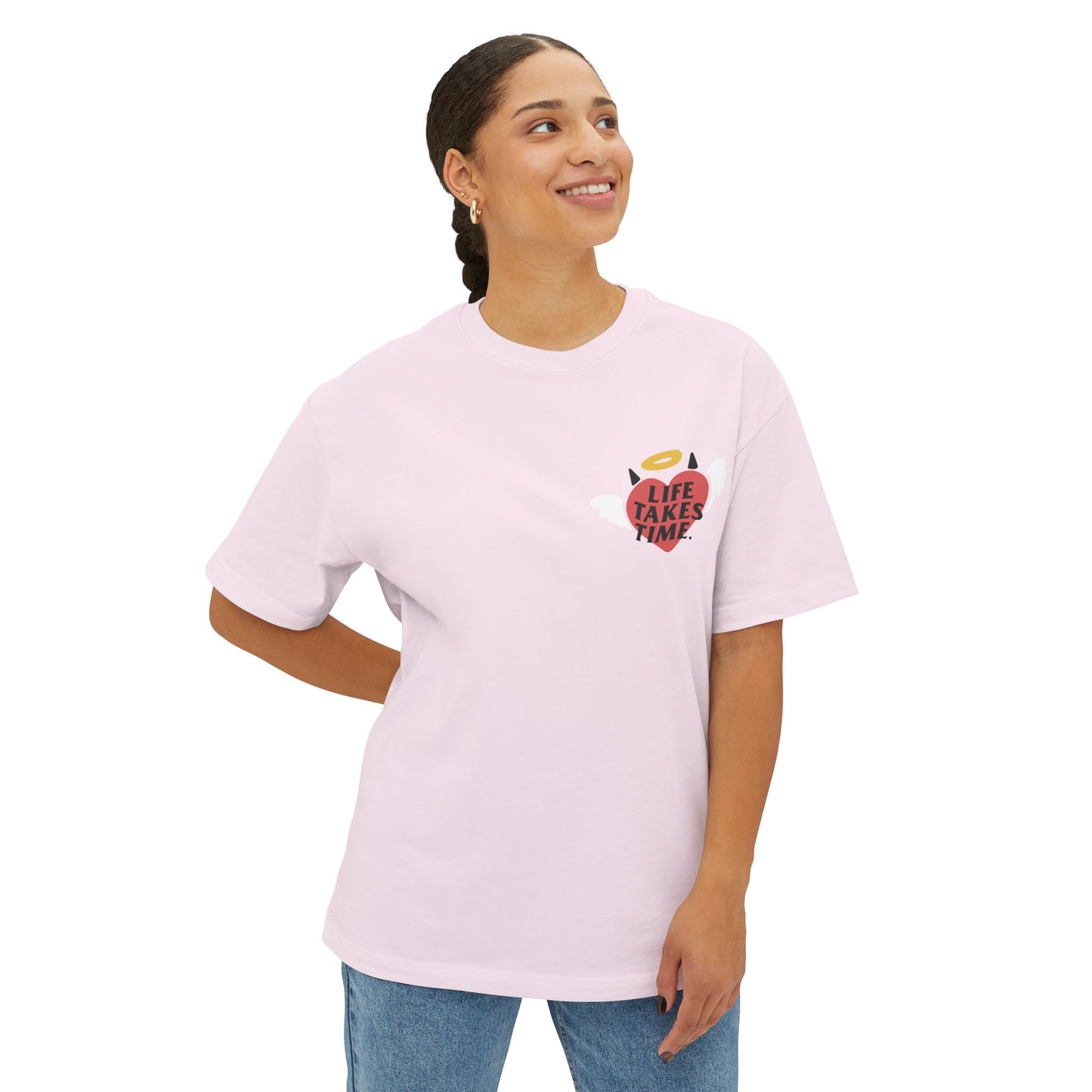 Life Takes Time Unisex Oversized Boxy Tee - Soft Pink Casual Tee for Everyday Vibes