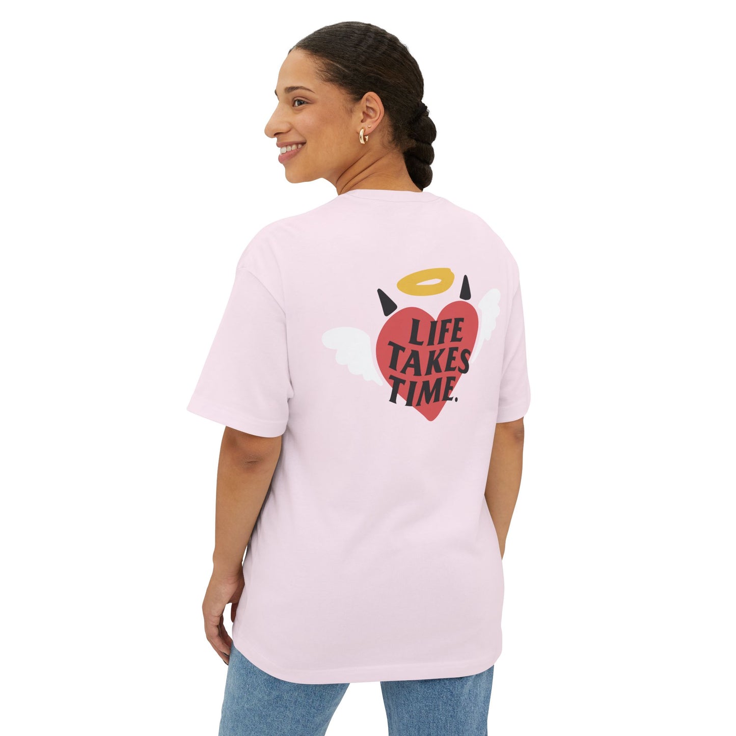 Life Takes Time Unisex Oversized Boxy Tee - Soft Pink Casual Tee for Everyday Vibes